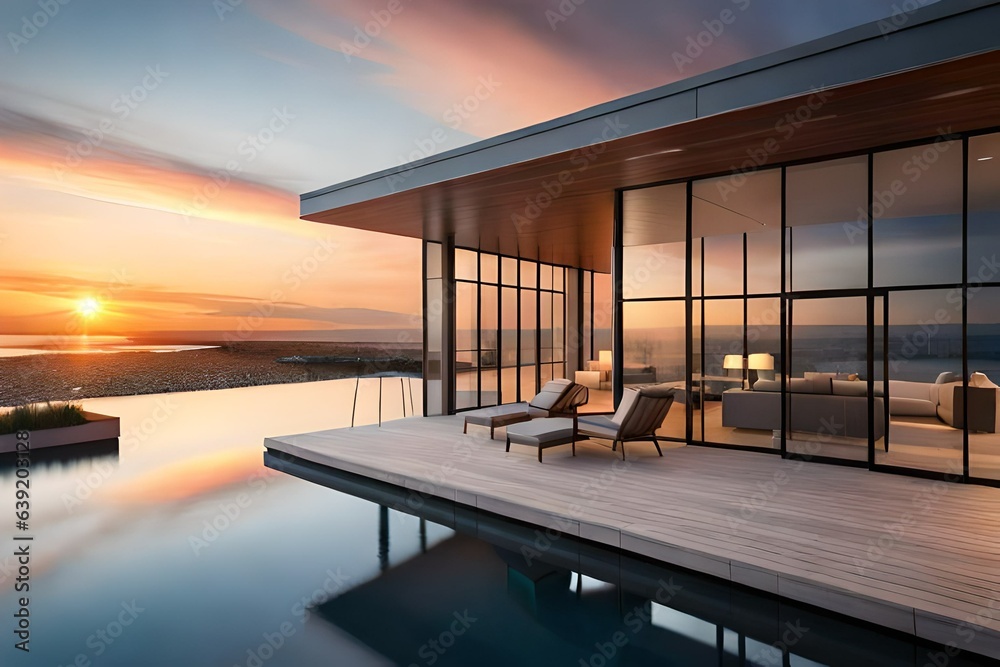 Sunset at Luxury Waterfront Modern Home - obrazy, fototapety, plakaty 