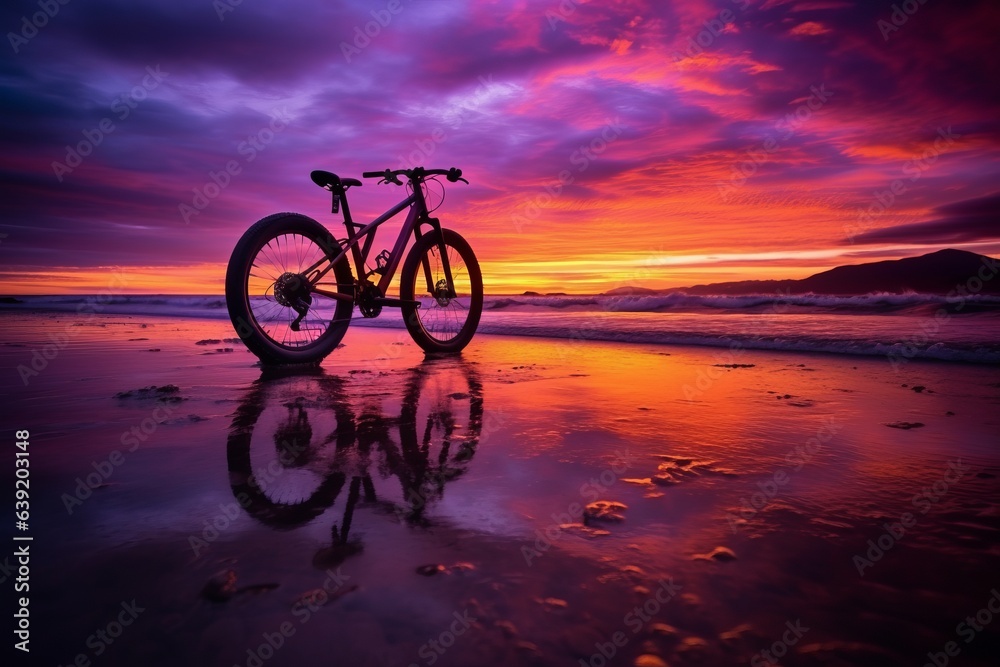 Fototapeta premium Sunset and bicycle. Beautiful illustration picture. Generative AI