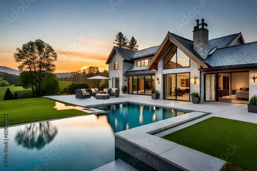 Beautiful modern farmhouse style luxury home exterior at twilight © ishtiaaq