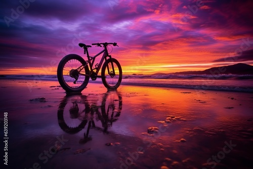 Sunset and bicycle. Beautiful illustration picture. Generative AI