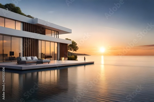 Sunset at Luxury Waterfront Modern Home © ishtiaaq