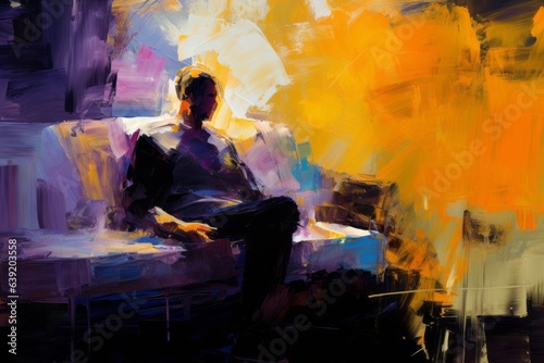 Person sitting on a comfortable sofa. Beautiful illustration picture. Generative AI