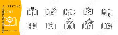 AI text writing icon set in line style, machine learning, digital AI technology illustration