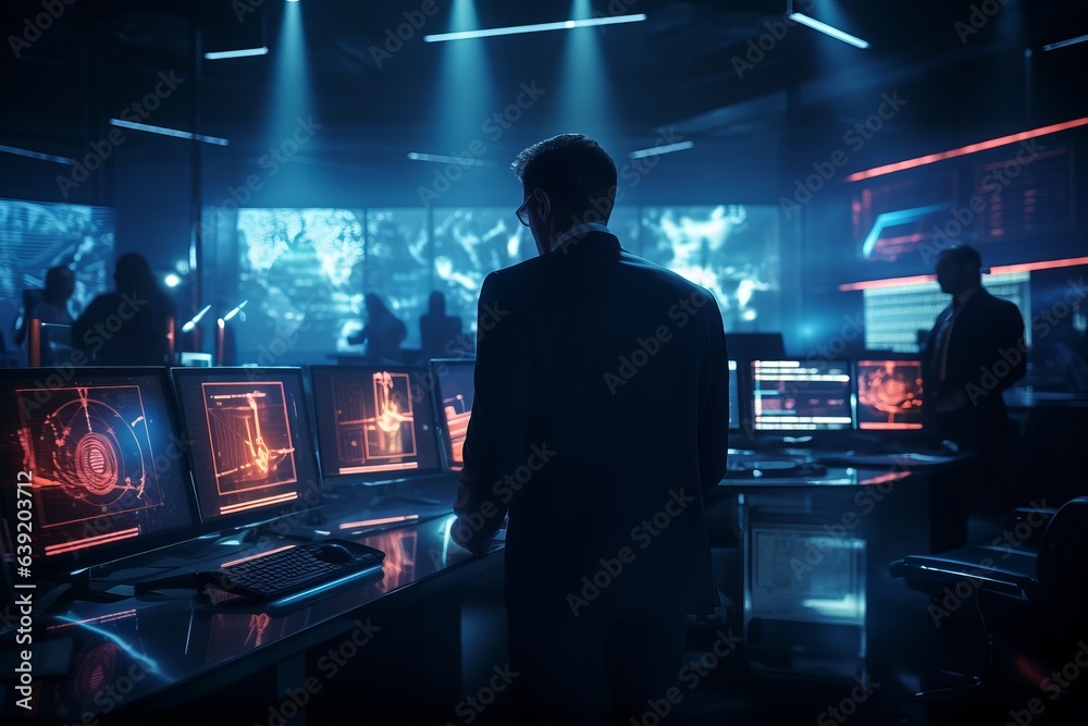 Man is using computer displays, light flashes. Beautiful illustration picture. Generative AI Man is using computer displays, light flashes. Beautiful illustration picture. Generative AI