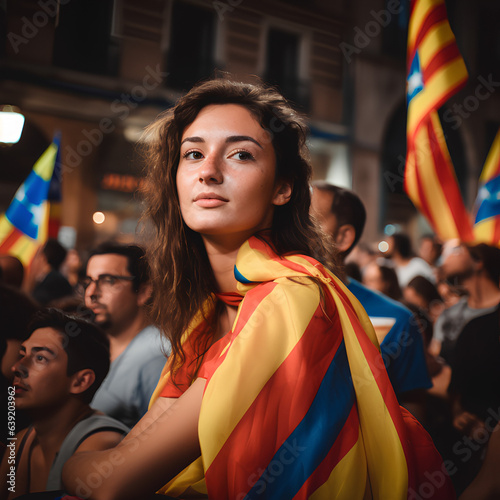 Young pro-independence protester woman in Catalonia with the Catalan flag during a demonstration photo