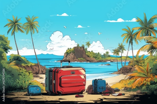 Luggage on the beach, island tourism. Beautiful illustration picture. Generative AI
