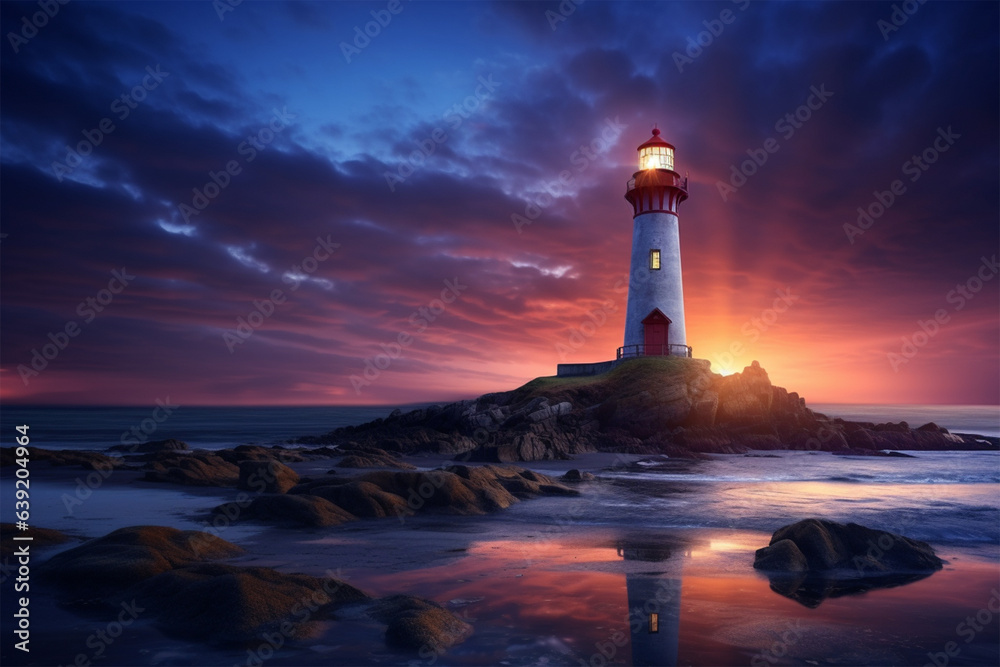 view of a lit lighthouse on the beach