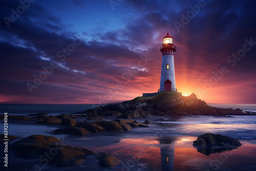 view of a lit lighthouse on the beach