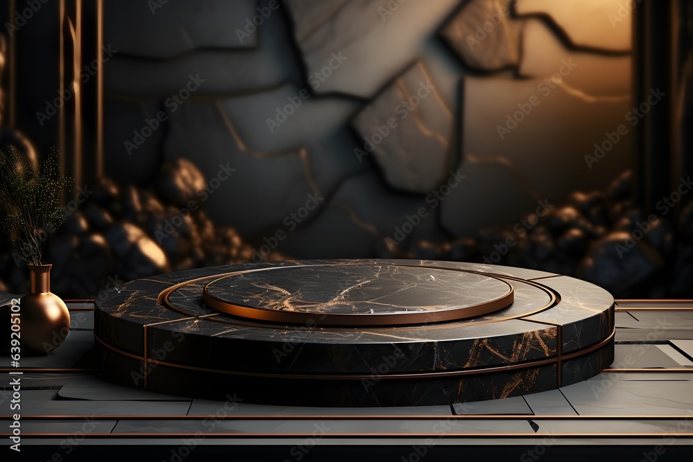 Obraz premium Futuristic dark room with stone floor, 3d render. AI Generative Illustration. Podium for product shoot.