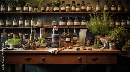 Herbal apothecary aesthetic concept. Natural dried plants herbs  spices  flowers ingredients in vintage inspired pharmacy. Organic  alternative medicine. AI illustration..