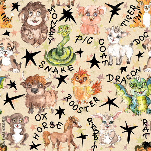 Watercolor Chinese Zodiac baby animals vintage style seamless PATTERN 