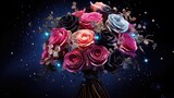 Rainbow flowers bouquet galaxy background. Bunch of pretty multicolored roses over starry space. AI illustration. .