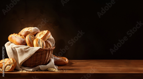 bread in basket on black background. various kinds of bread in basket on a black background.copy space.copy text.for Advertising design.landscape.