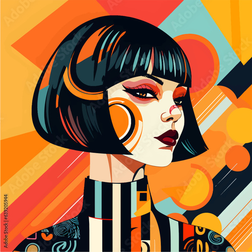 Retro fashion colorful girl portrait on geometric composition background