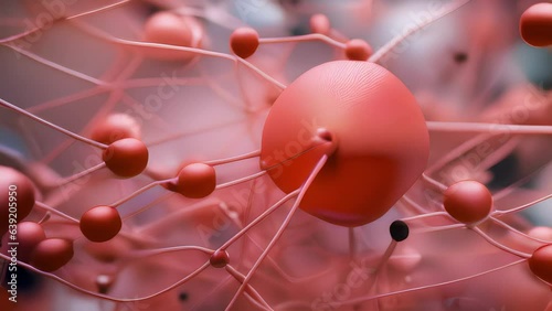 A macro view of Plasmodium reveals a complex structure of pink and red spheres interconnected by stringlike threads. Many of the spheres have textured indentations photo