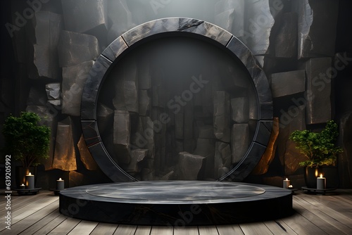 Black marble podium on a dark background. 3d rendering mock up AI Generative Illustration. Podium for product shoot.