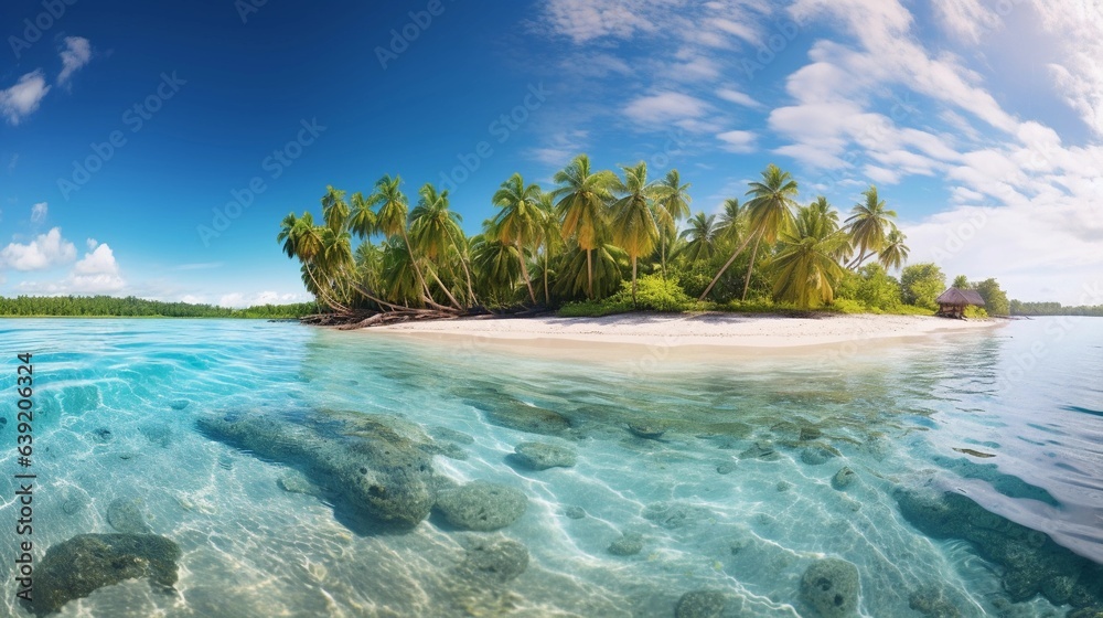 A secluded tropical beach where ivory sands meet crystal-clear waters, space on the opposite side for text, perfect for snorkeling amidst vibrant coral gardens. AI generated.