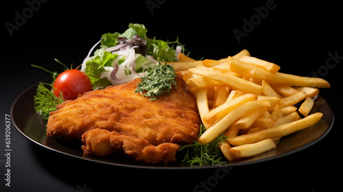 Fried Wiener schnitzel from top side with pommes frites, lunch, dinner, fast food