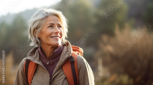 Stampa su tela an attractive senior woman hiking with a backpack
