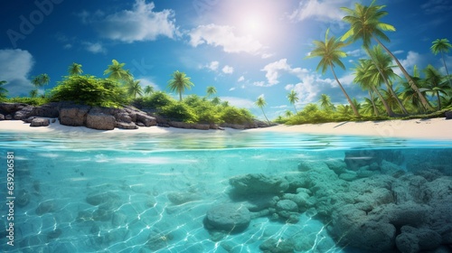 A secluded tropical beach where ivory sands meet crystal-clear waters, space on the opposite side for text, perfect for snorkeling amidst vibrant coral gardens. AI generated.