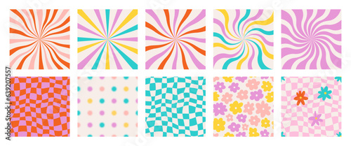 Groovy sunrise, daisy, checkered backgrounds. Hippie 60s 70s posters. Floral cool backgrounds in trendy cute retro style. Bright colors. Greeting card, sticker, cover, t-shirt print, party invitation.