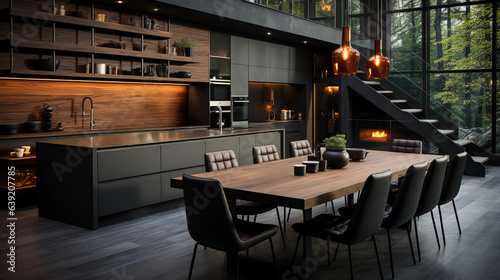 Beautiful kitchen and dinning area inside a luxury house. Generative AI photo