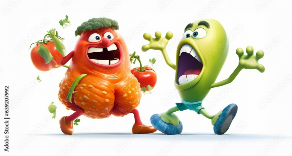 Crazy fighting vegetables. Childrens advertising or teacher materials. Lesson planning, health education. Dramatic, funny, isolated white background, knockout. 3d characters. Childrens party invite.