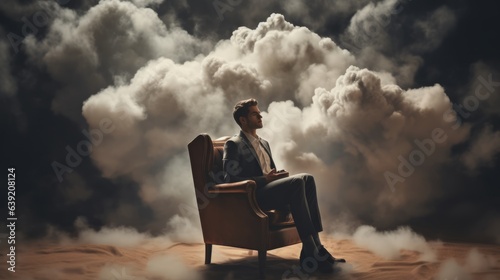 Man is sitting in the chair against smoke cloud. Beautiful illustration picture. Generative AI