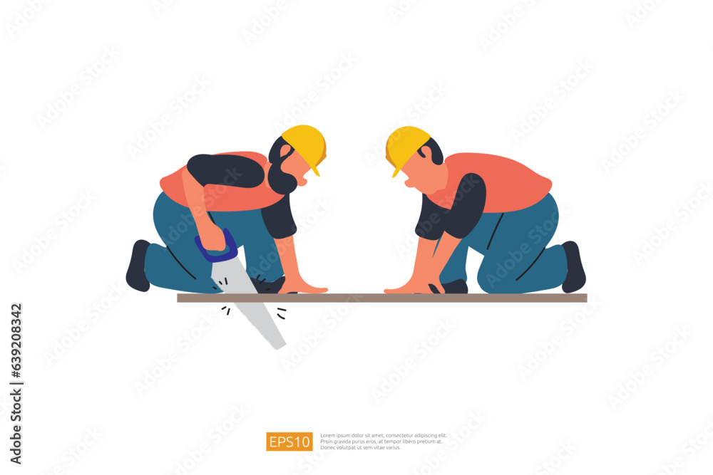 Construction Builder Character saws a board with a hand saw. Vector Illustration of Construction Worker