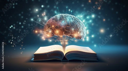 Virtual brain over open book. Beautiful illustration picture. Generative AI