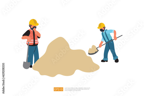Construction Builder Character with Shovel digging sand Material. Road Work Vector Illustration of Construction Worker