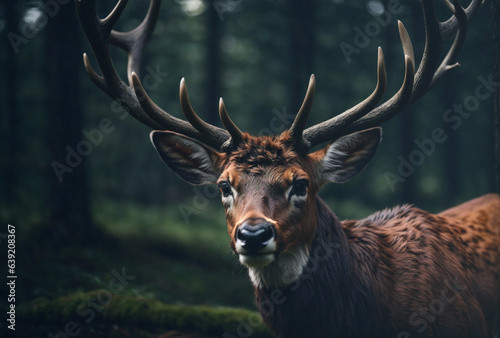 A deer with large antlers stands in a forest © Earthen Stock