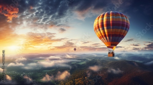 Whimsical hot air balloon, majestic landscape. Beautiful illustration picture. Generative AI