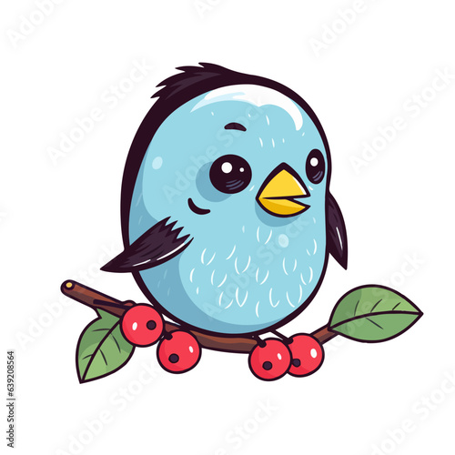 Adorable blue baby bird on a branch with berries. Colorful illustration of a cute little animal character feeling sad