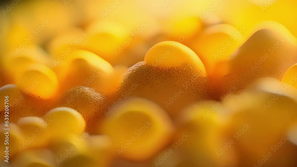 macro microscope video features a closeup of tiny yellow cholesterol granules. The size and shape of these cholesterol particles varies slightly across the entire microscope video. Closer macro microscope video features a closeup of tiny yellow cholesterol granules. The size and shape of these cholesterol particles varies slightly across the entire microscope video. Closer
