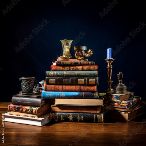 Composition of Books Stacked on a wooden table - ai generative