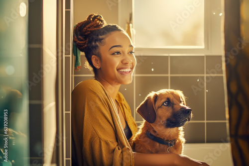 Cute dog is taking a shower at home. Happy young pretty smiling african american woman hugs dog at bathroom near window. Washing pets. Dog grooming photo