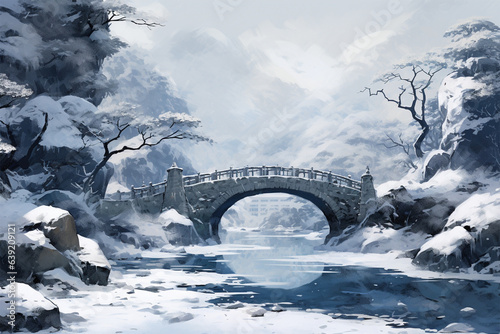 japanese style background, a winter bridge