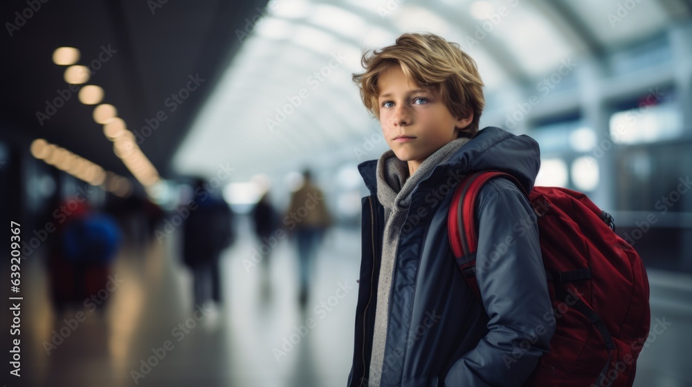 Young boy in airport. Beautiful illustration picture. Generative AI Young boy in airport. Beautiful illustration picture. Generative AI