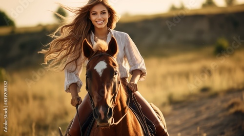 Foto Young happy woman is riding a horse