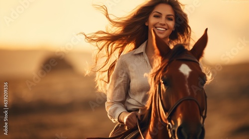 Photographie Young happy woman is riding a horse