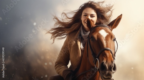 Young happy woman is riding a horse. Beautiful illustration picture. Generative AI