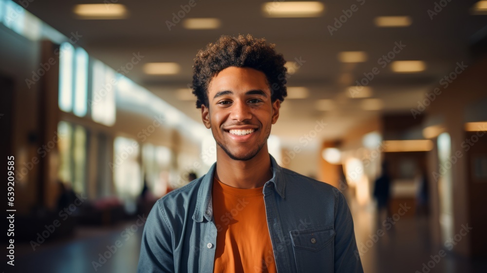 Young smiling african american student is standing. Beautiful illustration picture. Generative AI