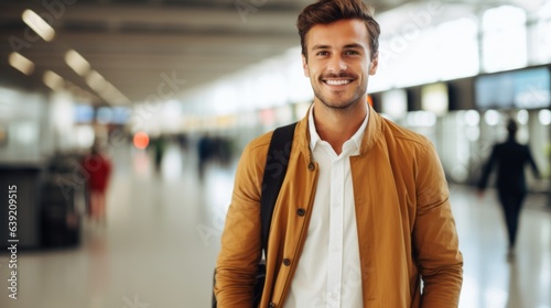 Young happy man in airport. Beautiful illustration picture. Generative AI © standret