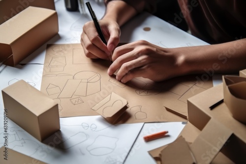 Designer sketching drawing design Brown craft cardboard paper packaging mockup box Generative AI. photo