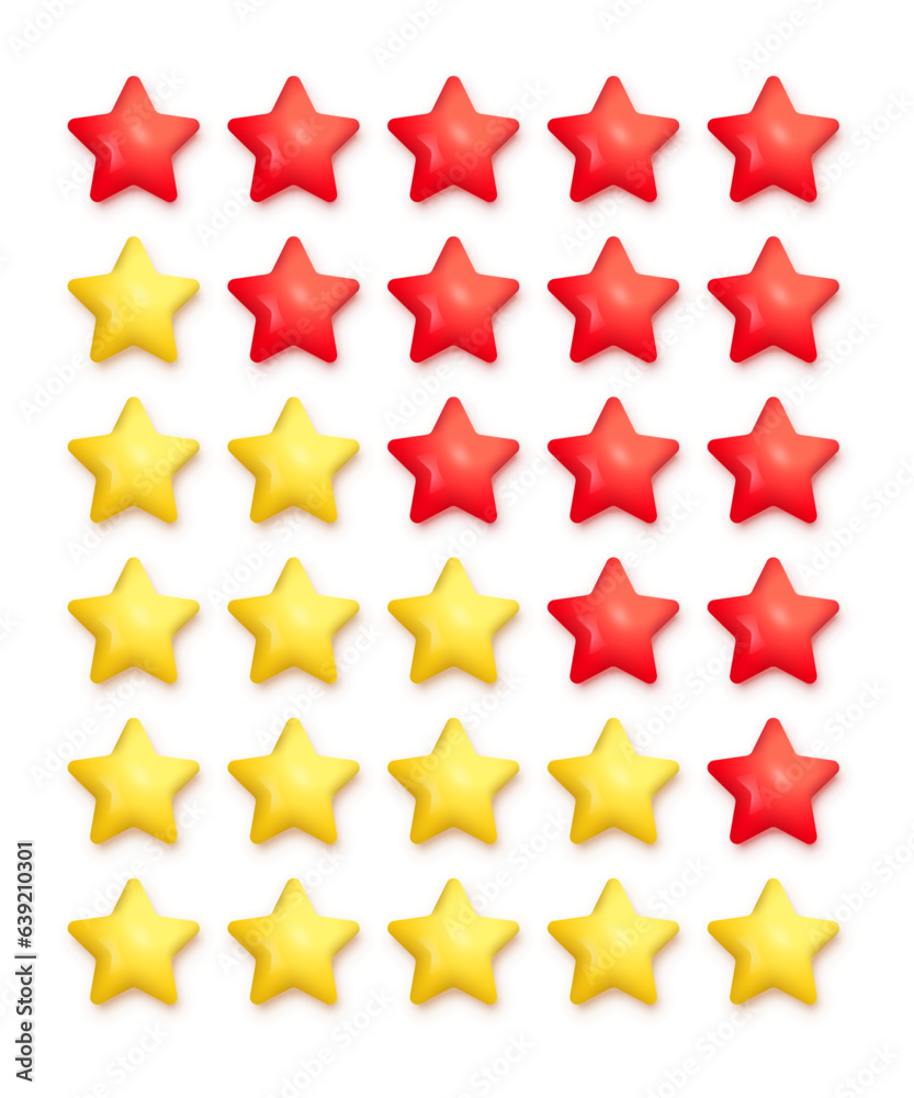 3D rate stars set, plastic cute rating 5 buttons, animation of ranking evaluation