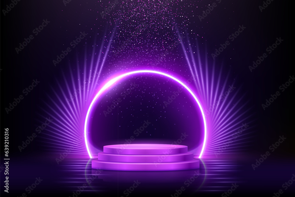 Purple tripple podium for product presentation vector illustration. Abstract empty blue award platform with neon glowing round frame and rays or wings, glitter confetti sparkle rain falling Purple tripple podium for product presentation vector illustration. Abstract empty blue award platform with neon glowing round frame and rays or wings, glitter confetti sparkle rain falling