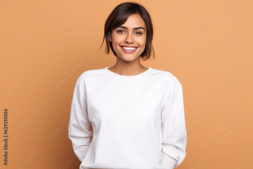 Female wearing white sweatshirt for mock up on beige background Female wearing white sweatshirt for mock up on beige background