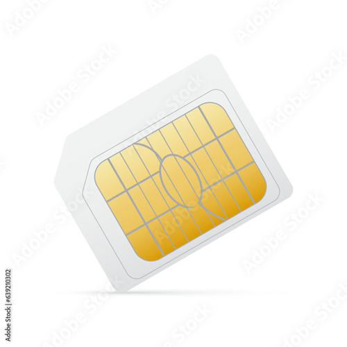 White mini sim card with gold chip for mobile phone. Vector gsm simcard 3d design isolated on white background