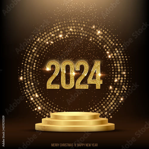 2024 gold numbers in shiny circle on golden podium vector square banner template. Winter holiday, New Year and Christmas congratulations. Festive postcard, luxurious greeting card concept